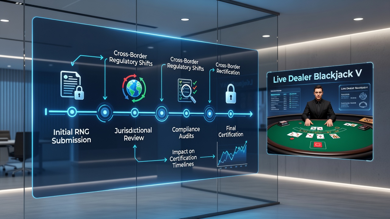 Certification workflow charts showing RNG testing stages for blackjack variants across emerging market regions