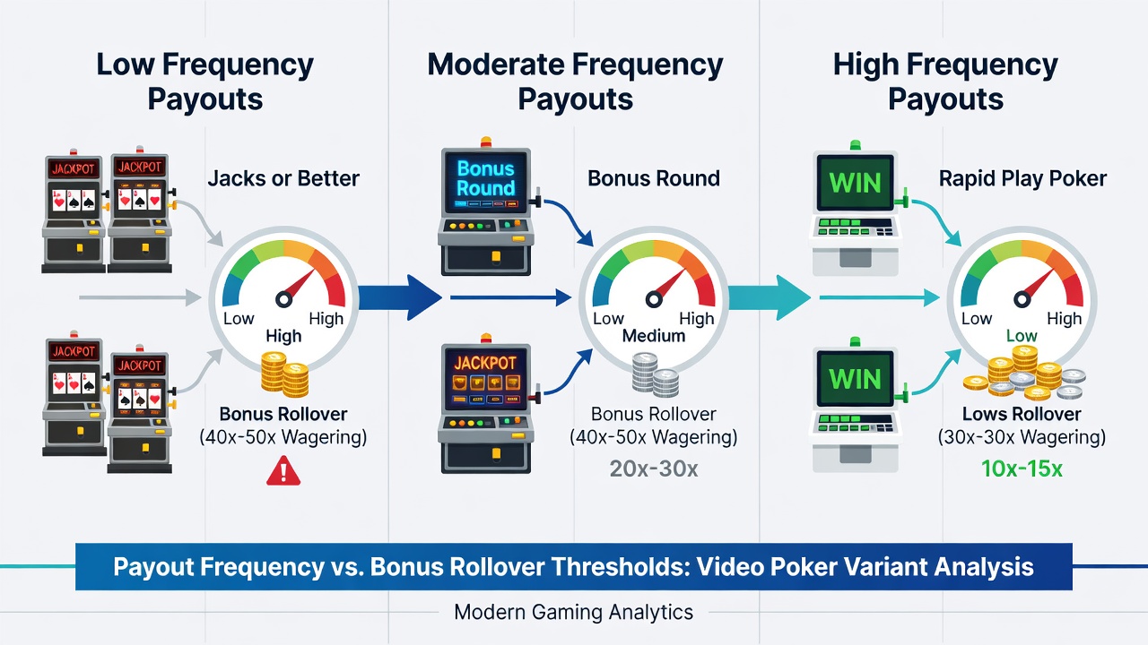 Close-up of video poker interface highlighting payout frequency meters and rollover progress bar on smartphone